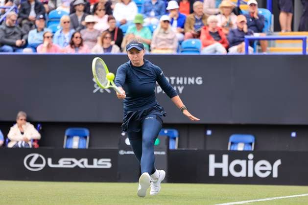 24th June 2025; Devonshire Park, Eastbourne, East Sussex, England; Lexus International Eastbourne, Day 2; Barbora Krejcikova (CZE) plays a forehand shot against Harriet Dart (GBR)  ActionPlus12805025 HongboxChen