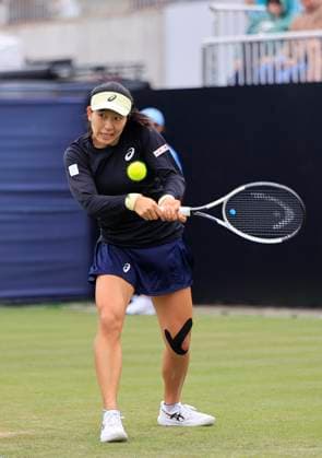 24th June 2025; Devonshire Park, Eastbourne, East Sussex, England; Lexus International Eastbourne, Day 2; Moyuka Uchijima (JPN) plays a backhand shot against Jodie Burrage (GBR)  ActionPlus12805063 HongboxChen
