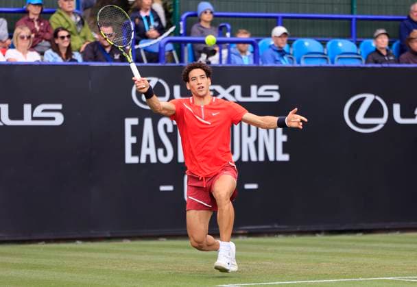 24th June 2025; Devonshire Park, Eastbourne, East Sussex, England; Lexus International Eastbourne, Day 2; George Loffhagen (GBR) plays a forehand shot against Reilly Opelka (USA)  ActionPlus12805044 HongboxChen