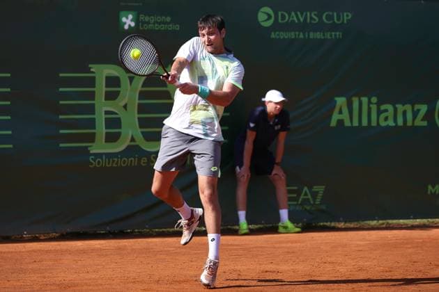 Italy: 1st Round ATP, Tennis Herren Challenger Tour Milan 2025, Dino Prizmic vs Gabriele Piraino Italy, Milan, 2025 06 23: Gabriele Piraino backhand shot during tennis match between Dino Prizmic (CRO) vs Gabriele Piraino (ITA), ATP Challenger Tour Milan 2025, 1st Round, Aspria Tennis Club Italy, Milan, 2025 06 23: tennis match between Dino Prizmic (CRO) vs Gabriele Piraino (ITA), ATP Challenger Tour Milan 2025, 1st Round, Aspria Tennis Club Milan Italy Copyright: FabrizioxAndreaxBertani