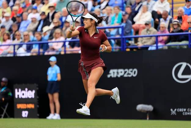 24th June 2025; Devonshire Park, Eastbourne, East Sussex, England; Lexus International Eastbourne, Day 2; Emma Raducanu (GBR) plays a forehand shot against Ann Li (USA)  ActionPlus12805124 HongboxChen