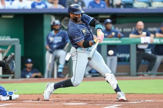 June 24, 2025: Tampa Bay Rays first baseman Yandy Diaz (2) hits a single against the Kansas City Royals during the first inning at Kauffman Stadium in Kansas City, MO. CSM Kansas City United States of America - ZUMAc04_ 20250624_zma_c04_008 Copyright: xDavidxSmithx
