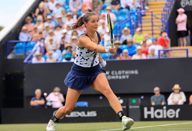 25th June 2025; Devonshire Park, Eastbourne, East Sussex, England; Lexus International Eastbourne, Day 3; Jodie Burrage (GBR) plays a forehand shot against Barbora Krejcikova (CZE)  ActionPlus12805357 HongboxChen