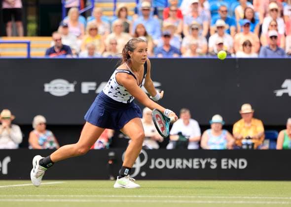 25th June 2025; Devonshire Park, Eastbourne, East Sussex, England; Lexus International Eastbourne, Day 3; Jodie Burrage (GBR) plays a forehand shot against Barbora Krejcikova (CZE)  ActionPlus12805358 HongboxChen
