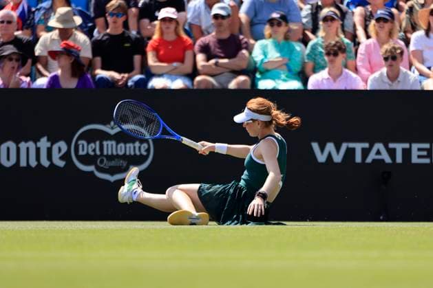 25th June 2025; Devonshire Park, Eastbourne, East Sussex, England; Lexus International Eastbourne, Day 3; Maya Joint (AUS) slips during the match against Emma Raducanu (GBR)  ActionPlus12805400 HongboxChen