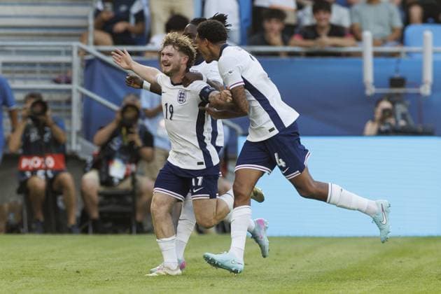 BRATISLAVA , 25-06-2025 , Football stadium Tehelne pole. Narodny football stadium , UEFA U21, U 21 Euro2025 , semi-finals , England U21 - Netherlands U21. England U21 player Harvey Elliott celebrates after scoring the goal 2-1 England U21 - Netherlands U21  x29893725x Copyright: