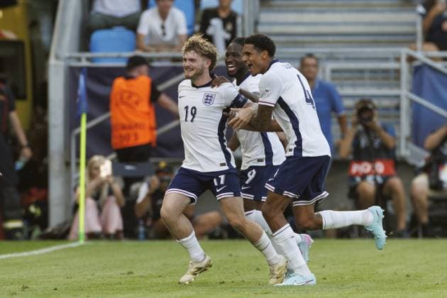 BRATISLAVA , 25-06-2025 , Football stadium Tehelne pole. Narodny football stadium , UEFA U21, U 21 Euro2025 , semi-finals , England U21 - Netherlands U21. England U21 player Harvey Elliott celebrates after scoring the goal 2-1 England U21 - Netherlands U21  x29893731x Copyright: