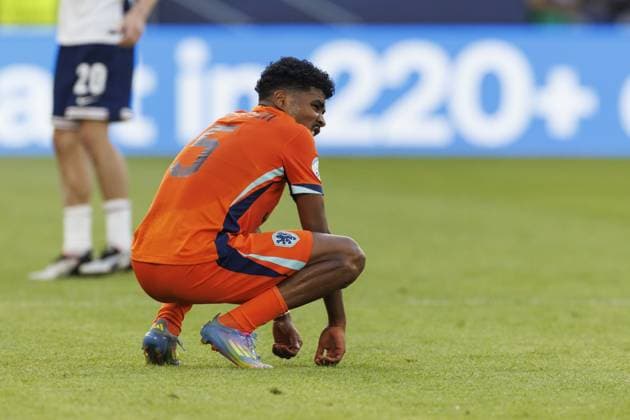BRATISLAVA , 25-06-2025 , Football stadium Tehelne pole. Narodny football stadium , UEFA U21, U 21 Euro2025 , semi-finals , England U21 - Netherlands U21. Netherlands U21 player Ian Maatsen disappointed after loss 2-1 England U21 - Netherlands U21  x29893757x Copyright: