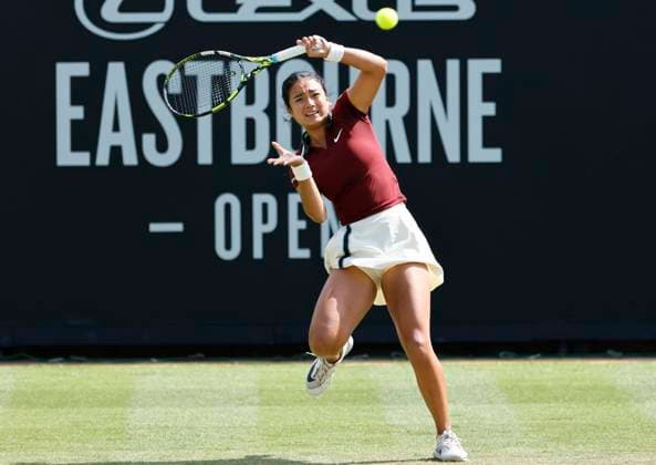 25th June 2025; Devonshire Park, Eastbourne, East Sussex, England; Lexus International Eastbourne, Day 3; Alexandra Eala (PHI) plays a forehand shot against Jelena Ostapenko (LAT)  ActionPlus12805473 HongboxChen