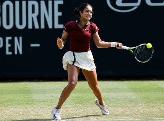 25th June 2025; Devonshire Park, Eastbourne, East Sussex, England; Lexus International Eastbourne, Day 3; Alexandra Eala (PHI) plays a forehand shot against Jelena Ostapenko (LAT)  ActionPlus12805477 HongboxChen