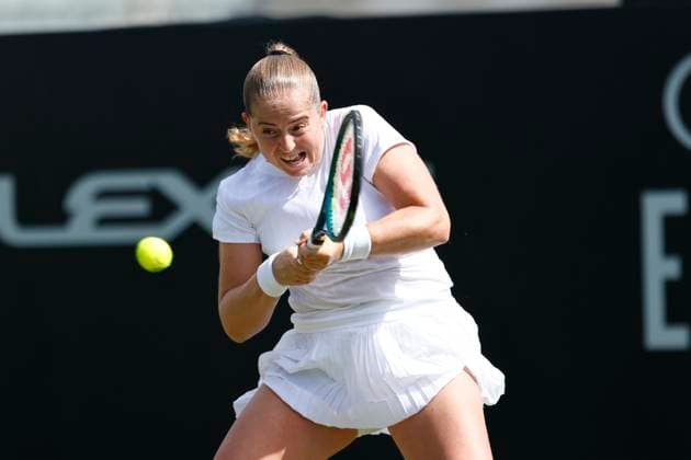 25th June 2025; Devonshire Park, Eastbourne, East Sussex, England; Lexus International Eastbourne, Day 3; Jelena Ostapenko (LAT) plays a backhand shot against Alexandra Eala (PHI)  ActionPlus12805485 HongboxChen