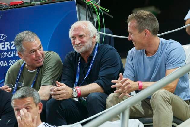 DFB-Geschaeftsfuehrer Andreas Rettig (Germany), Direktor Nationalmannschaften Rudi Voeller (Germany) und U20-Nationaltrainer Hannes Wolf (Germany) sitzen auf der Tribuene, UEFA European Under-21 Championship 2025 Semi-Final, Germany v France, KoÅ¡icka futbalova arÃ na am 25. June 2025 in Kaschau, Slowakei. (Foto von Marco Steinbrenner DeFodi Images) DFB-Geschaeftsfuehrer Andreas Rettig (Germany), Direktor Nationalmannschaften Rudi Voeller (Germany) und U20-Nationaltrainer Hannes Wolf (Germany) sit on the tribune, UEFA European Under-21 Championship 2025 Semi-Final, Germany v France, KoÅ¡icka futbalova arÃ na, June 25, 2025 in KoÅ¡ice, Slovakia. (Photo by Marco Steinbrenner DeFodi Images)