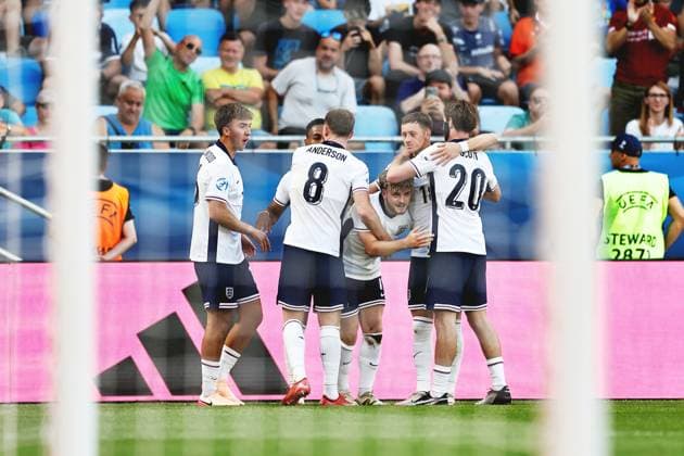 Harvey Elliott (ENG), JUNE 25, 2025 - Football Soccer : Harvey Elliott celebrate after his goal with team players during UEFA European Under-21 Championship 2025 Slovakia Semi-finals match between Uuder-21 England 2-1 Uuder-21 Netherlands at the National Football Stadium in Bratislava, Slovakia. Noxthirdxpartyxsales  aflo_295959884