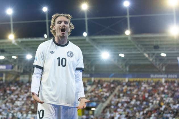 UEFA U21, U 21 Europameisterschaft, Halbfinale: Deutschland - Frankreich; 25.06.2025 Nick Woltemade (Deutschland, 10) jubelt nach seinem Tor bei der UEFA U21-Europameisterschaft im Halbfinalspiel Deutschland - Frankreich, am 25.06.2025, Kosice Football Arena, Kosice, Slowakei Copyright: xBEAUTIFULxSPORTS Meuselx
