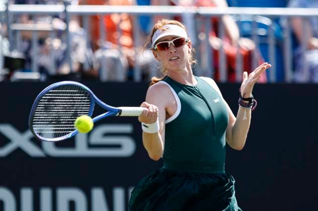 25th June 2025; Devonshire Park, Eastbourne, East Sussex, England; Lexus International Eastbourne, Day 3; Maya Joint (AUS) plays a forehand shot against Emma Raducanu (GBR)  ActionPlus12805501 HongboxChen
