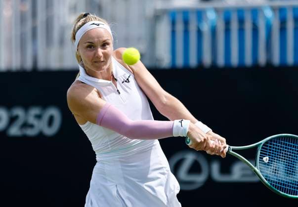 25th June 2025; Devonshire Park, Eastbourne, East Sussex, England; Lexus International Eastbourne, Day 3; Rebecca Srankova (SVK) plays a forehand shot against Varvara Gracheva (FRA)  ActionPlus12805496 HongboxChen