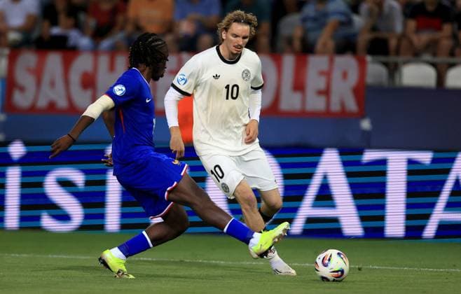 25.06.2025 Kosice(Slovakia) Germany- France semi final U21, U 21 U-21 Under-21 European men s football championship Nick Woltemade(C) Germany asist for first scored goal :