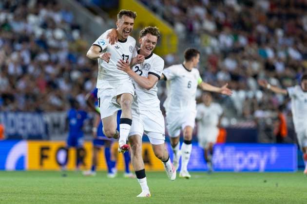 UEFA U21, U 21 Europameisterschaft, Halbfinale: Deutschland - Frankreich; 25.06.2025 Brajan Gruda (Deutschland, 17) und Paul Wanner (Deutschland, 22) jubeln bei der UEFA U21-Europameisterschaft im Halbfinalspiel Deutschland - Frankreich, am 25.06.2025, Kosice Football Arena, Kosice, Slowakei Copyright: xBEAUTIFULxSPORTS Meuselx