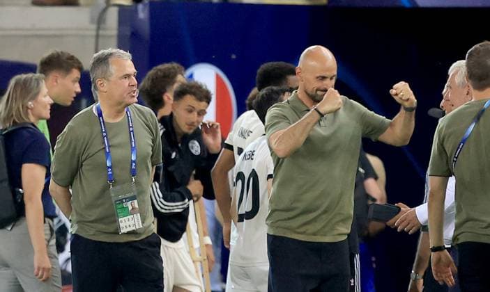 25.06.2025 Kosice(Slovakia) Germany- France semi final U21, U 21 U-21 Under-21 European men s football championship Antonio Di Salvo(R) Germany coach celebrate victory beside Andreas Rettig(L) DFB-Geschäftsführer :