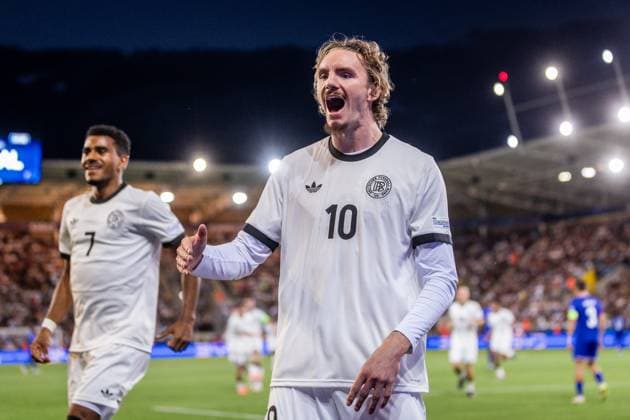 GERMANY U21, U 21 - FRANCE U21 Nick Woltemade of Germany celebrates a goal with Ansgar Knauff during the UEFA European Under-21 Championship 2025 Semifinal football match between Germany U21 and France U21. Kosicka Futbalova Arena - Kosice Football Arena (KFA), Kosice, Slovakia, June 25, 2025. Photo by Branislav Racko Copyright: xx _BRR3593