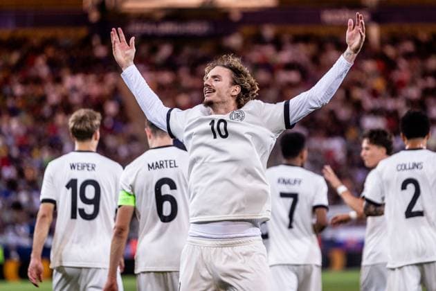 GERMANY U21, U 21 - FRANCE U21 Nick Woltemade of Germany celebrates a goal during the UEFA European Under-21 Championship 2025 Semifinal football match between Germany U21 and France U21. Kosicka Futbalova Arena - Kosice Football Arena (KFA), Kosice, Slovakia, June 25, 2025. Photo by Branislav Racko Copyright: xx _BRR3644
