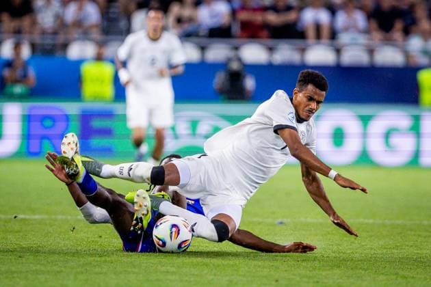 GERMANY U21, U 21 - FRANCE U21 Ansgar Knauff of Germany and Ismael Doukoure of France during the UEFA European Under-21 Championship 2025 Semifinal football match between Germany U21 and France U21. Kosicka Futbalova Arena - Kosice Football Arena (KFA), Kosice, Slovakia, June 25, 2025. Photo by Branislav Racko Copyright: xx 080A5910