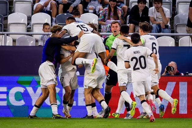 GERMANY U21, U 21 - FRANCE U21 Brajan Gruda of Germany celebrates a goal with Jamil Siebert, Paul Nebel during the UEFA European Under-21 Championship 2025 Semifinal football match between Germany U21 and France U21. Kosicka Futbalova Arena - Kosice Football Arena (KFA), Kosice, Slovakia, June 25, 2025. Photo by Branislav Racko Copyright: xx 080A6518-Enhanced-NR