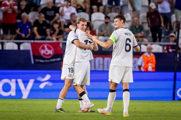 GERMANY U21, U 21 - FRANCE U21 Nelson Weiper, Eric Martel, Brajan Gruda of Germany celebrate after the final whistle during the UEFA European Under-21 Championship 2025 Semifinal football match between Germany U21 and France U21. Kosicka Futbalova Arena - Kosice Football Arena (KFA), Kosice, Slovakia, June 25, 2025. Photo by Branislav Racko Copyright: xx 080A6596