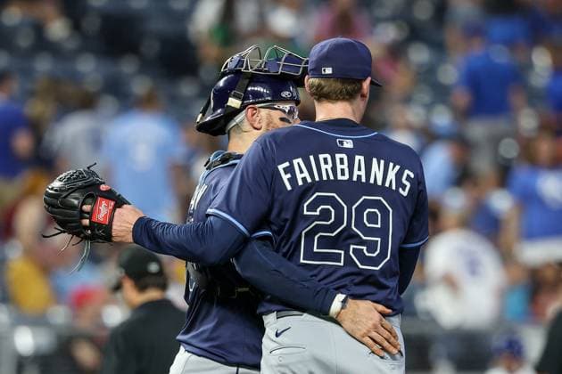 June 25, 2025: Tampa Bay Rays catcher Danny Jansen (19) and relief pitcher Pete Fairbanks (29) celebrate their 3-0 win over the Kansas City Royals at Kauffman Stadium in Kansas City, MO. CSM Kansas City United States of America - ZUMAc04_ 20250625_zma_c04_038 Copyright: xDavidxSmithx