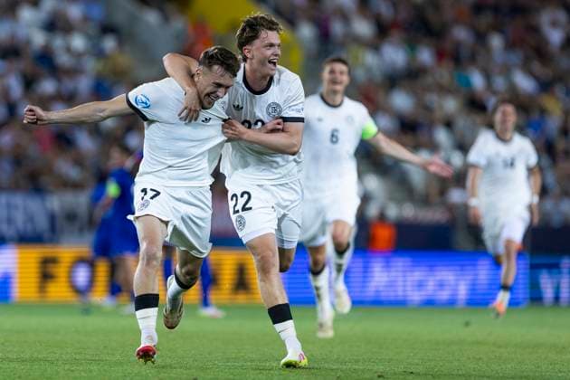UEFA U21, U 21 Europameisterschaft, Halbfinale: Deutschland - Frankreich; 25.06.2025 Brajan Gruda (Deutschland, 17) jubelt nach seinem Tor mit Vorlagengeber Paul Wanner (Deutschland, 22) bei der UEFA U21-Europameisterschaft im Halbfinalspiel Deutschland - Frankreich, am 25.06.2025, Kosice Football Arena, Kosice, Slowakei Copyright: xBEAUTIFULxSPORTS Meuselx