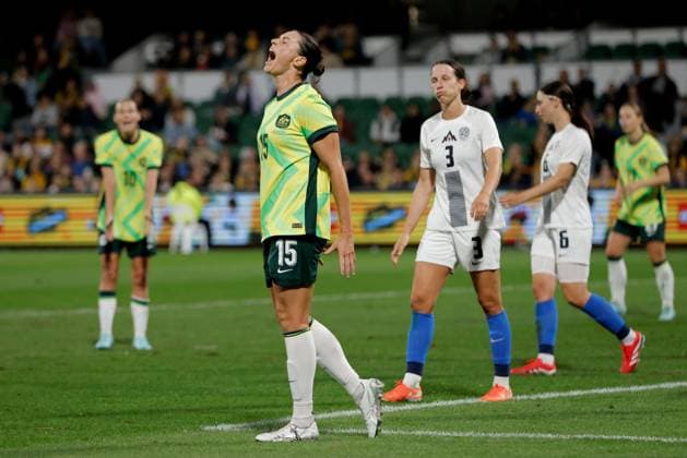 SOCCER AUSTRALIA SLOVENIA, Emily Gielnik of Australia reacts after missing an attempt on goal during the Women s friendly soccer match between Australia and Slovenia at HBF Park in Perth, Thursday, June 26, 2025. ( NO ARCHIVING Perth Western Australia Australia  Copyright: xRichardxWainwrightx 20250626136137117361