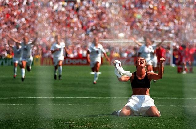 Soccer 99: Women s World Cup FINAL: USA over China 5-4 July 10, 1999, Pasadena, California, USA: US midfielder American soccer BRANDI CHASTAIN, 30, drops to her knees after making the final and winning goal during penalty kicks, after the host United States and China played to a scoreless draw. After two scoreless overtimes, the United States won the match 5-4 with when Chastain, a righty, fired a surprisingly left-foot penalty past China’s star goalkeeper G. Hong to win the World Cup for the USA. Chastain removed her shirt and swung it in triumph above her head. In her soon-to-be famous black sports bra, she sank to her knees and with both fists raised in triumph, looked towards the sky. The sold out paritsan American crowd of 90,185 fans, roared, on a hot sweltering 100 degree day, at the Rose Bowl. The 1999 World Cup games were watched by 660,000 fans and will for ever be associated with the USA defender, celebrating the winning penalty by ripping off her shirt, as her teammates rush to congratulate her. The match represents one of the most important events in the history of American athletics. Played in what remains the largest crowd ever to watch a women s sporting event. (Credit Image: Branimir Kvartuc ZUMA Wire) Pasadena California USA Copyright: xBranimirxKvartucx
