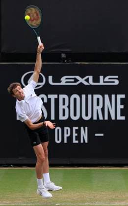 26th June 2025; Devonshire Park, Eastbourne, East Sussex, England; Lexus International Eastbourne, Day 4; Ugo Humbert (FRA) serves to Billy Harris (GBR)  ActionPlus12805524 HongboxChen