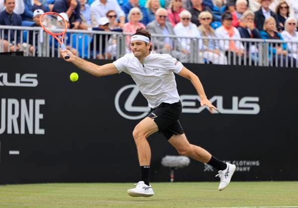 26th June 2025; Devonshire Park, Eastbourne, East Sussex, England; Lexus International Eastbourne, Day 4; Taylor Fritz (USA) plays a backhand shot against Joao Fonseca (BRA)  ActionPlus12805536 HongboxChen