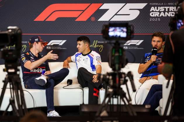 F1 - AUSTRIAN GRAND PRIX 2025 VERSTAPPEN Max (ned), Red Bull Racing RB21, portrait HADJAR Isack (fra), Visa Cash App RB F1 Team VCARB02, portrait GASLY Pierre (fra), Alpine F1 Team A525, portrait during the press conference, PK, Pressekonferenz of Formula 1 MSC Cruises Austrian Grand Prix 2025, 11th round of the 2025 FIA Formula One World Championship, WM, Weltmeisterschaft from June 27 to 29, 2025 on the Red Bull Ring, in Spielberg, Austria - SpielbergAustria Copyright: xXavixBonillax