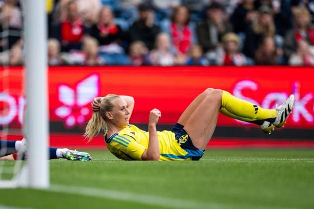 250626 Stina Blackstenius of Sweden after scoring 0-1 during the International Friendly, Länderspiel, Nationalmannschaft football match between Norway and Sweden on June 26, 2025 in Oslo. Photo: Jon Olav Nesvold BILDBYRAN COP 217 VG0773 bbeng fotboll football soccer fotball träningslandskamp privatlandskamp landskamp international friendly norge norway sweden sverige dam jubel Copyright: JONxOLAVxNESVOLD BB250626JE029