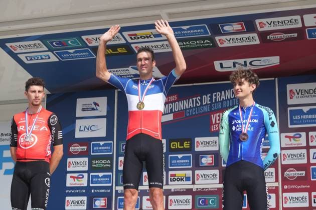 CYCLING - FRENCH CHAMPIONSHIPS 2025 - MEN S TIME TRIAL Kevin Vauquelin ,Bruno Armirail and Paul Seixas during the French championships 2025, Cycling event, Men s Individual Time Trial on 26 June 2025 in Les Herbiers, France - Photo Laurent Lairys PSNEWZ Les HerbiersFrance  Copyright: xLaurentxLairysx