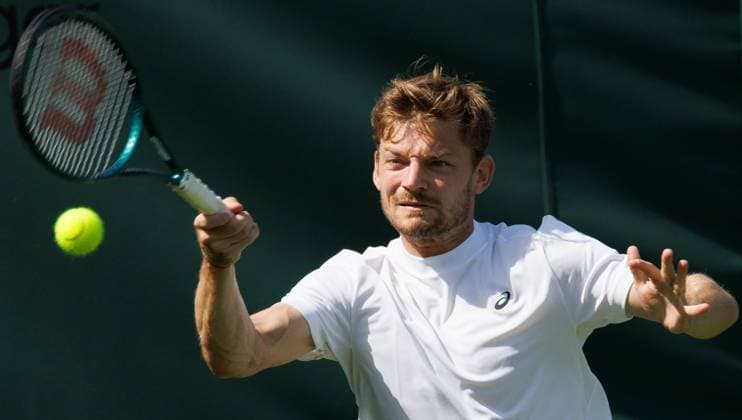 Belgian David Goffin pictured in action during the afternoon training session the 2025 Wimbledon grand slam tennis tournament at the All England Tennis Club, in south-west London, Britain, Thursday 26 June 2025. BENOITxDOPPAGNE  x127858478x