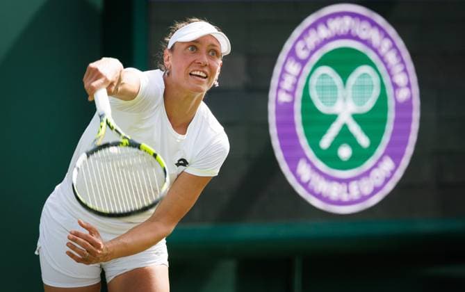 Belgian Yanina Wickmayer pictured in action during the afternoon training session the 2025 Wimbledon grand slam tennis tournament at the All England Tennis Club, in south-west London, Britain, Thursday 26 June 2025. BENOITxDOPPAGNE  x127859345x