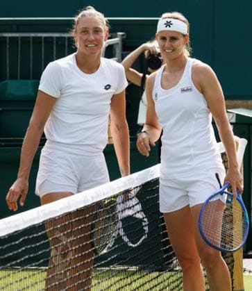 Belgian Yanina Wickmayer and Belgian Greet Minnen pictured in action during the afternoon training session the 2025 Wimbledon grand slam tennis tournament at the All England Tennis Club, in south-west London, Britain, Thursday 26 June 2025. BENOITxDOPPAGNE  x127859597x