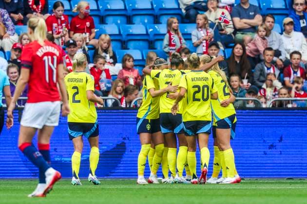 Womens international womens football match Norway Sweden Oslo 20250626 Sweden celebrates the 0 2 goal scored by Filippa Angeldal during the womens international womens football match between Norway and Sweden at Ullevaal Stadium Photo Geir Olsen NTB Oslo Norway EDITORIAL USE ONLY RESTRICTED USE FOR BETTING COMPANIES  Copyright: xGeirxOlsenx xNTBx