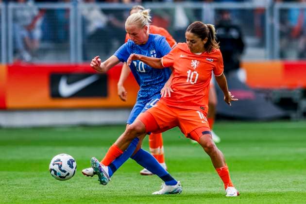 Eveliina Summanen of Finland and Danielle van de Donk of the Netherlands battle for the ball Netherlands v Finland, , Netherlands v Finland, Kooi Stadion, June 26, 2025, Leeuwarden, Netherlands.