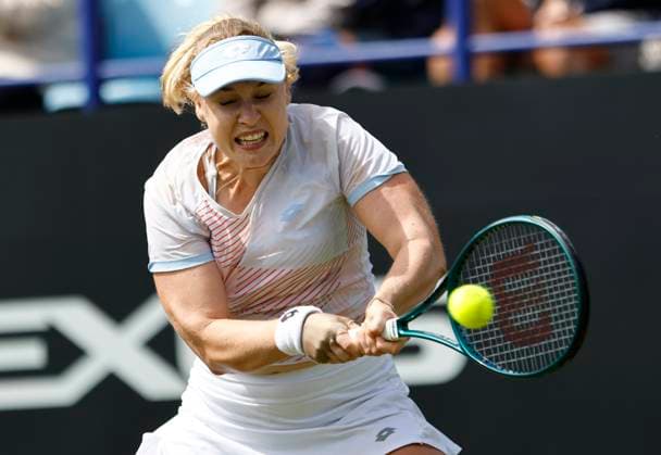 26th June 2025; Devonshire Park, Eastbourne, East Sussex, England; Lexus International Eastbourne, Day 4; Anna Blinkova plays a backhand shot against Maya joint (AUS)  ActionPlus12805735 HongboxChen