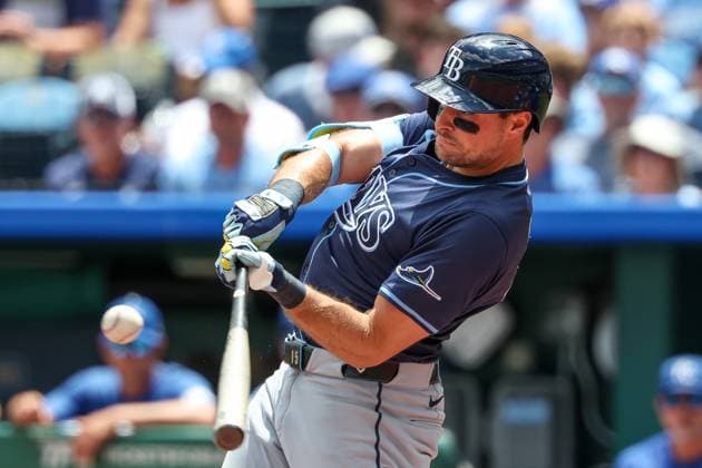 June 26, 2025: Tampa Bay Rays right fielder Josh Lowe (15) hits a single against the Kansas City Royals during the second inning at Kauffman Stadium in Kansas City, MO. CSM Kansas City United States of America - ZUMAc04_ 20250626_zma_c04_002 Copyright: xDavidxSmithx