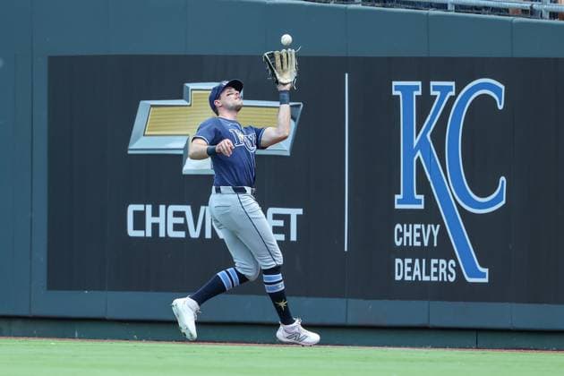 June 26, 2025: Tampa Bay Rays right fielder Josh Lowe (15) catches a fly ball for an out on Kansas City Royals third baseman Maikel Garcia (11) during the first inning at Kauffman Stadium in Kansas City, MO. CSM Kansas City United States of America - ZUMAc04_ 20250626_zma_c04_009 Copyright: xDavidxSmithx