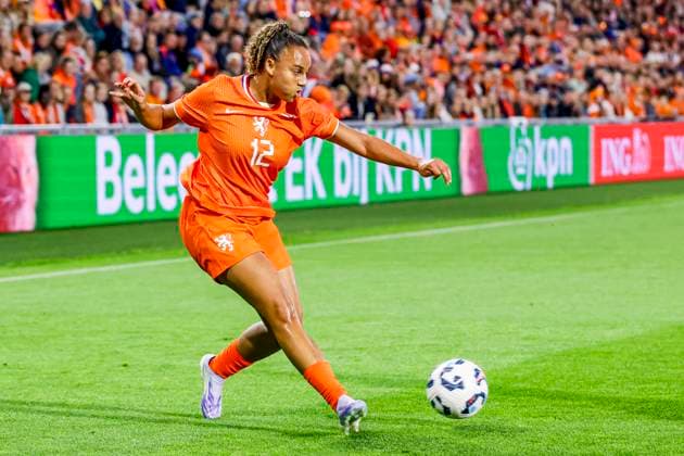 Chasity Grant of the Netherlands passes the ball Netherlands v Finland, , Netherlands v Finland, Kooi Stadion, June 26, 2025, Leeuwarden, Netherlands.