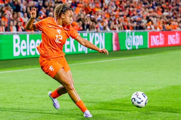 Chasity Grant of the Netherlands passes the ball Netherlands v Finland, , Netherlands v Finland, Kooi Stadion, June 26, 2025, Leeuwarden, Netherlands.