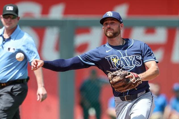 June 26, 2025: Tampa Bay Rays second baseman Brandon Lowe (8) throws to first for the out on Kansas City Royals shortstop Bobby Witt Jr. (7) during the seventh inning at Kauffman Stadium in Kansas City, MO. CSM Kansas City United States of America - ZUMAc04_ 20250626_zma_c04_026 Copyright: xDavidxSmithx