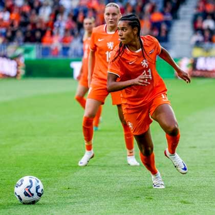 Esmee Brugts of the Netherlands dribbles with the ball Netherlands v Finland, , Netherlands v Finland, Kooi Stadion, June 26, 2025, Leeuwarden, Netherlands.