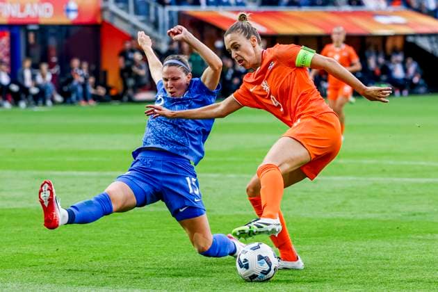Vivianne Miedema of the Netherlands and Natalia Kuikka of Finland battle for the ball Netherlands v Finland, , Netherlands v Finland, Kooi Stadion, June 26, 2025, Leeuwarden, Netherlands.